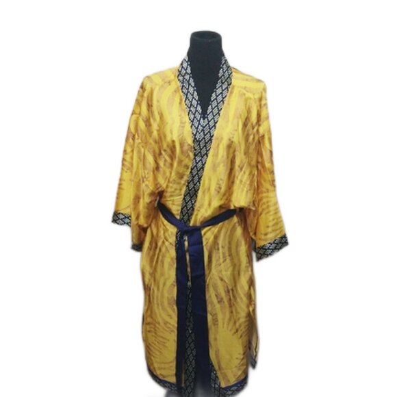 NEW! Sassy Jones Printed Wrap Topper Robe with Belt, Yellow & Blue - Picture 1 of 16